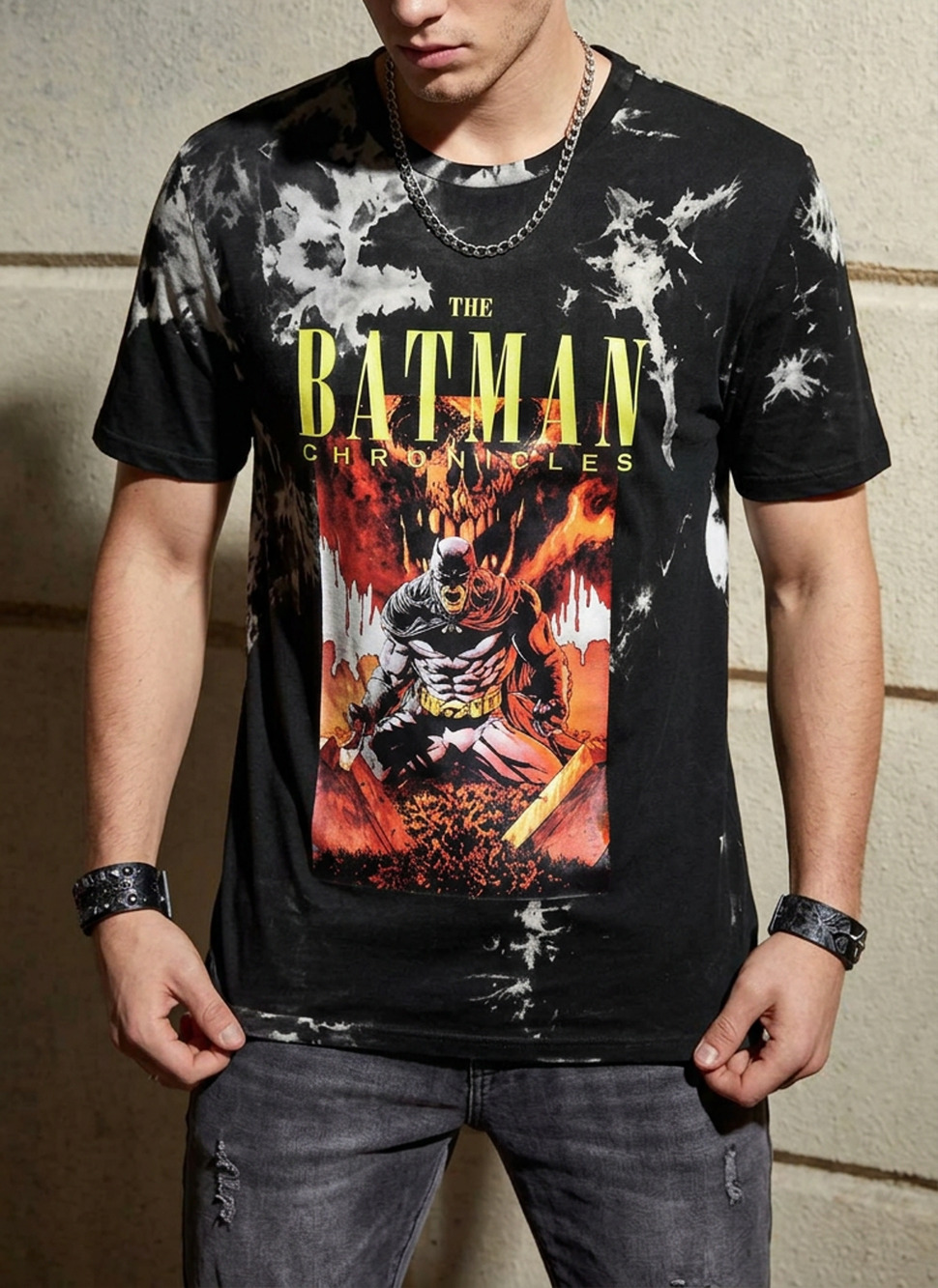ROMWE Batman Chronicles Mens Tie Dye Graphic T-Shirt Black Gray Red DC Comics XL